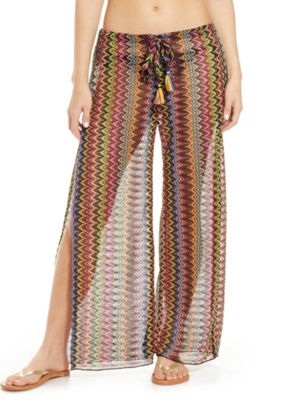 BECCA Multi-Color Wavy Chevron Beach Cover Up Pants Textured Drawstring M NWT
